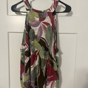 Tahari Women's Sleeveless Linen Blend Leaf Print Tank Top 1X Keyhole back NWOT